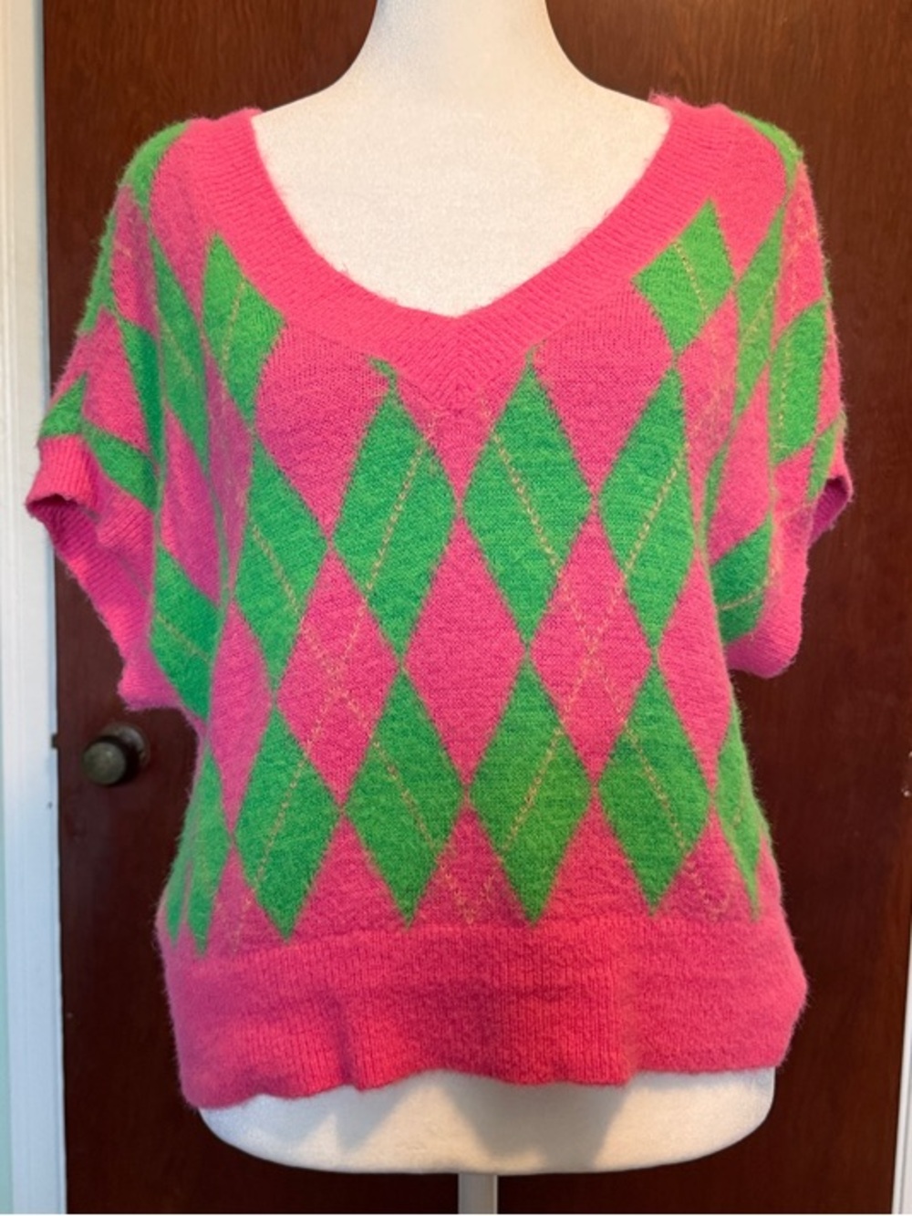 Free People Pink and Green Through The Motions Argyle V-Neck Sweater size XS